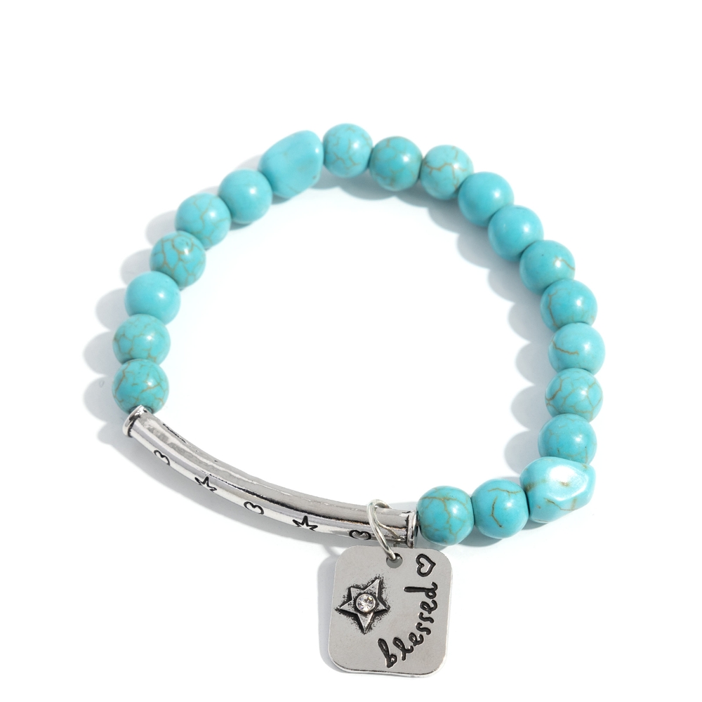 Turquoise Beaded Bracelet with Silver Charm Rustic Reminder - Blue Blessed Jewel